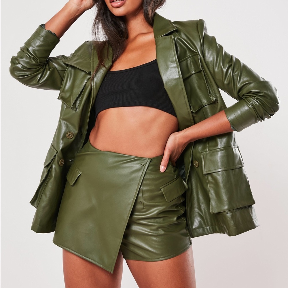Missguided Olive Green Leather Jacket/Skort Set